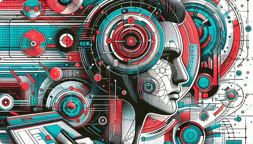 Profilo umano integrato in una rete di circuiti digitali e dati, simbolo dell'unione tra intelligenza artificiale e strategia digitale per il business